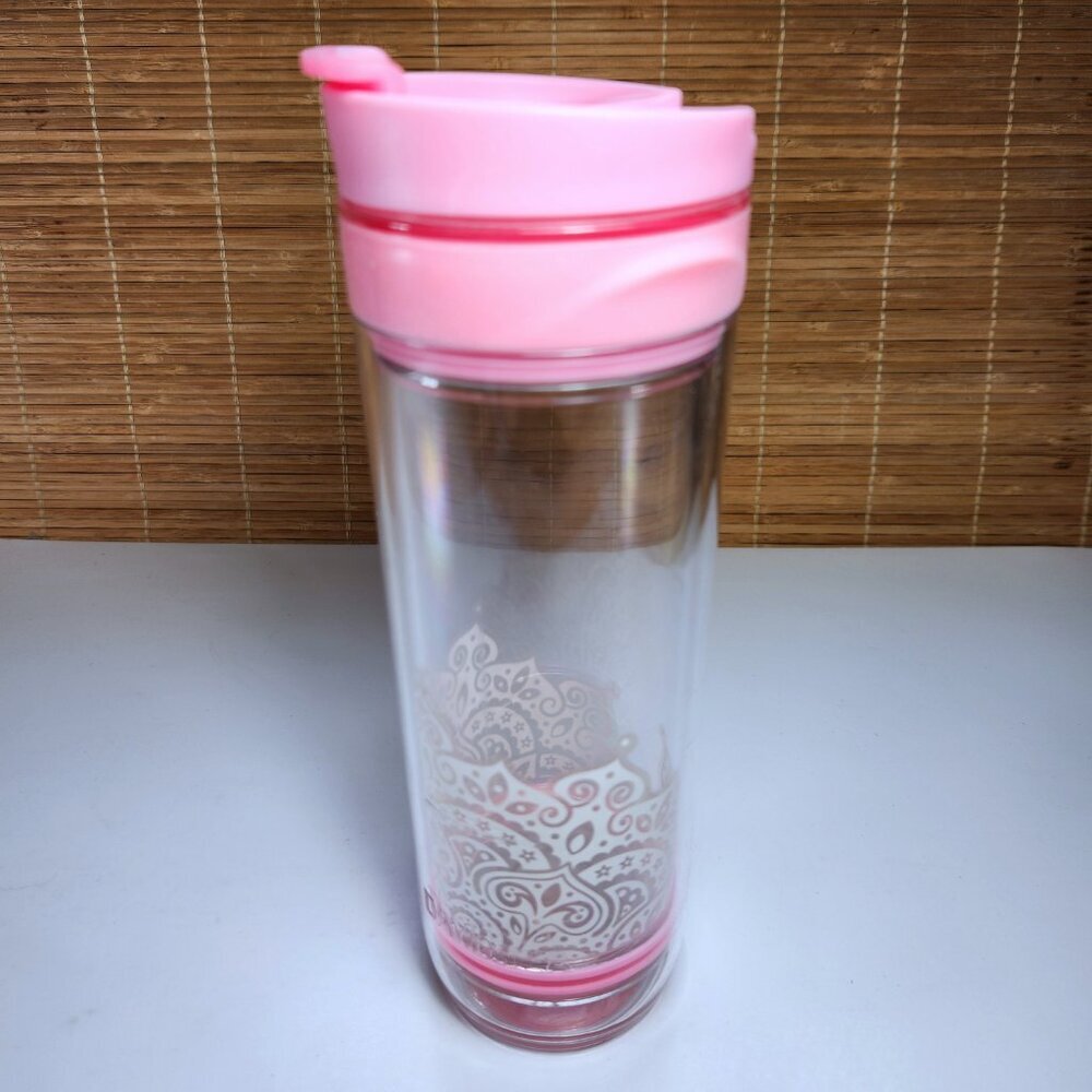 Davids Tea Travel Tumbler Infuser Clear Travel Mug w White Design and Pink Lid